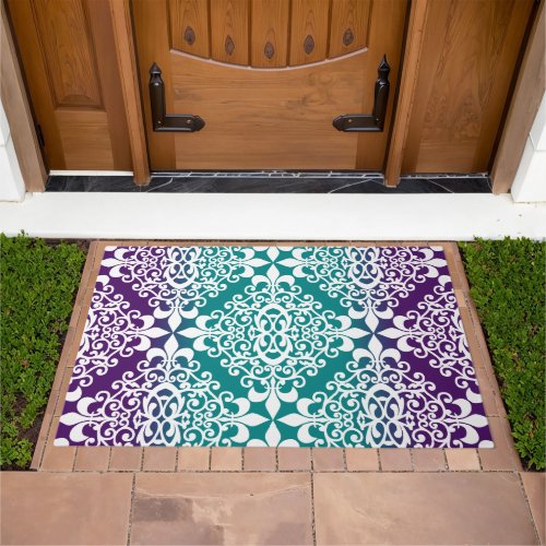 Pretty White Damask Teal And Purple Ombre Doormat
