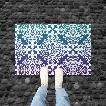 Pretty White Damask Teal And Purple Ombre Doormat by machomedesigns at Zazzle