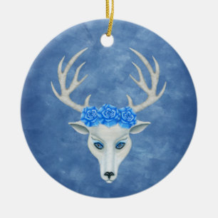 Pretty White Deer Head Antlers Roses on Blue Ceramic Ornament