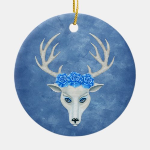 Pretty White Deer Head Antlers Roses on Blue Ceramic Ornament