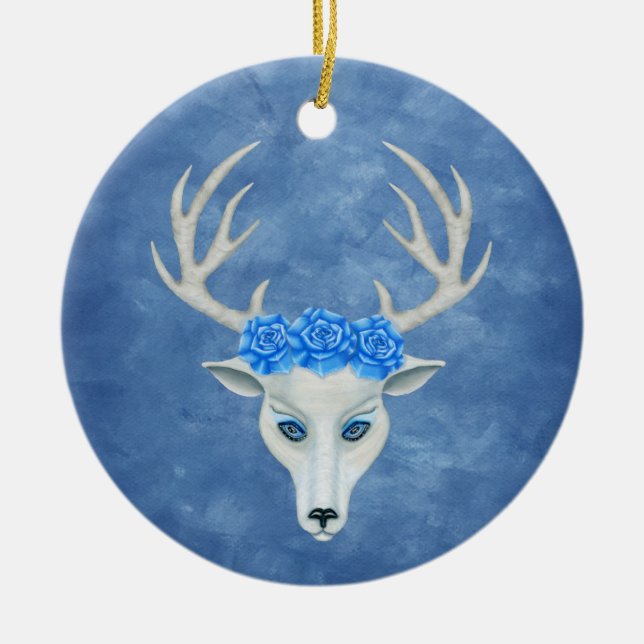 Pretty White Deer Head Antlers Roses on Blue Ceramic Ornament (Front)