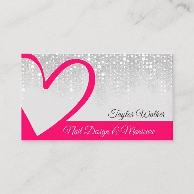 Pretty White Drips Pink Heart Calligraphy Nails Business Card (Front)