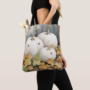 PRETTY WHITE FALL PUMPKINS AND AUTUMN LEAVES TOTE BAG