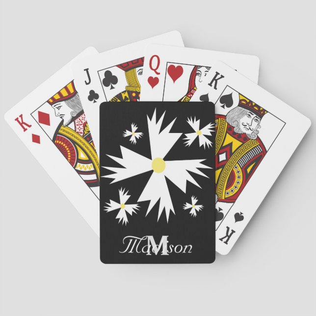 Pretty White Floral Daisy Geometrical Black Poker Cards (Back)