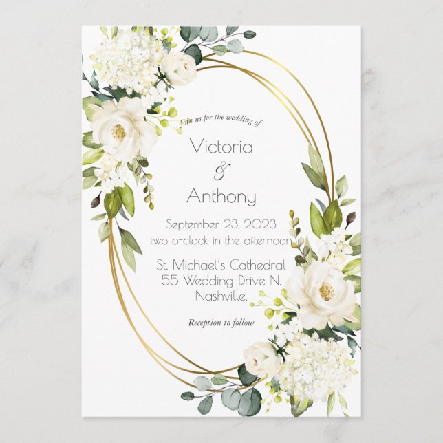 Pretty White Floral Gold Frame Modern Wedding  Invitation (Front)