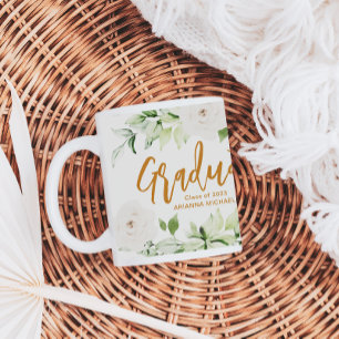 Pretty White Floral Graduate Script 2024 Two Sided Giant Coffee Mug