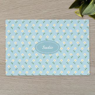 Pretty White Floral Pattern On Blue &amp; Custom Name Placemat
