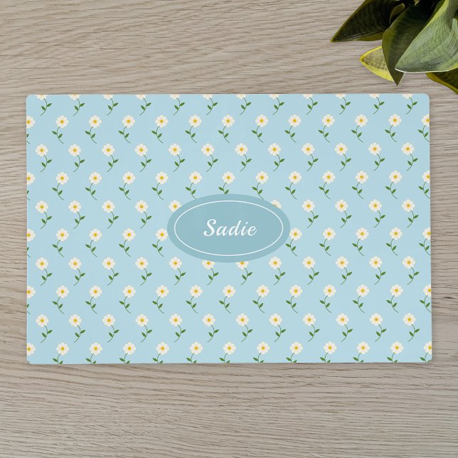 Pretty White Floral Pattern On Blue & Custom Name Placemat (Creator Uploaded)