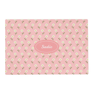 Pretty White Floral Pattern On Pink &amp; Custom Name Placemat