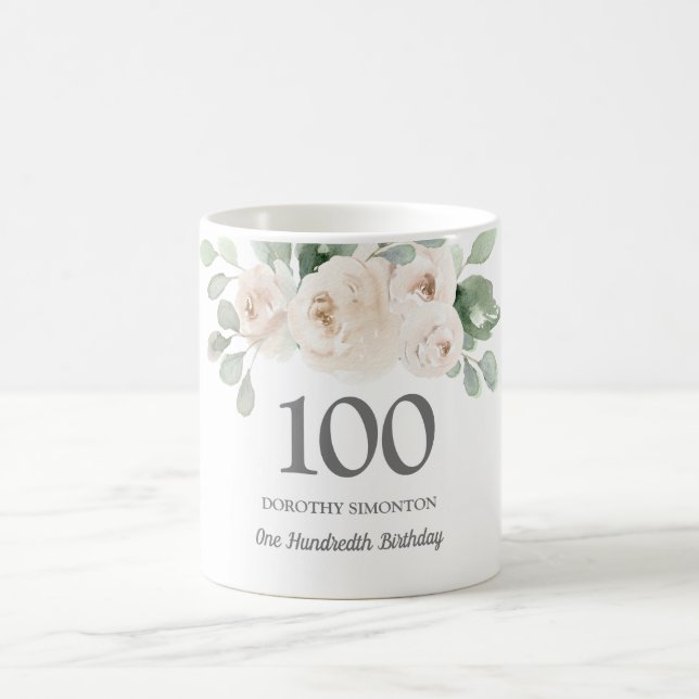 Pretty White Floral Womans 100th Birthday Gift Coffee Mug (Center)
