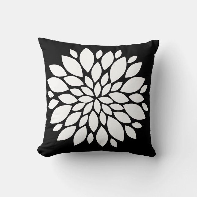 Pretty White Flower Petals Art on Black Throw Pillow (Front)