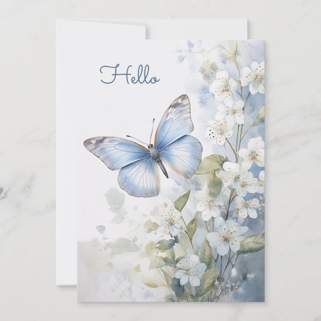 Pretty White Flowers and Blue Butterfly Hello Flat Card (Front)