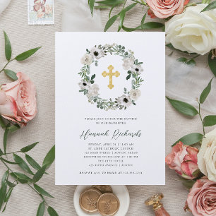Pretty White Flowers and Green Leaves Baptism Invitation