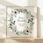 Pretty White Flowers and Greenery Baby Birth Stats Poster<br><div class="desc">This pretty baby birth stats poster features a floral wreath with watercolor white and soft gray flowers and green leaves and foliage,  on a simple white background. Add your baby's name in trendy modern script,  and add all the newborn's birth statistics.</div>
