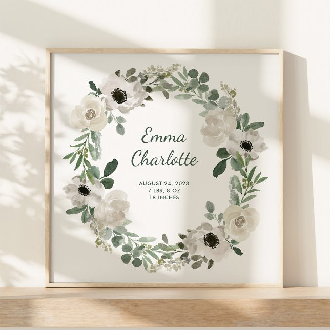 Pretty White Flowers and Greenery Baby Birth Stats Poster (A pretty, white floral watercolor wreath poster with your newborn baby's birth stats)