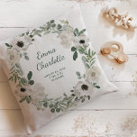 Pretty White Flowers and Greenery Baby Birth Stats Throw Pillow<br><div class="desc">This pretty baby birth stats pillow features a floral wreath with watercolor white and soft gray flowers and green leaves and foliage,  in a wreath on a simple white background. Add your baby's name in trendy modern script,  and add all the newborn's birth statistics.</div>