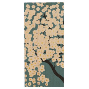 Pretty White Flowers Blossom Tree Art Wood Flash Drive