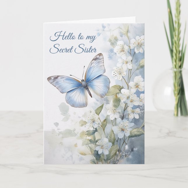 Pretty White Flowers, Blue Butterfly Secret Sister Card (Front)