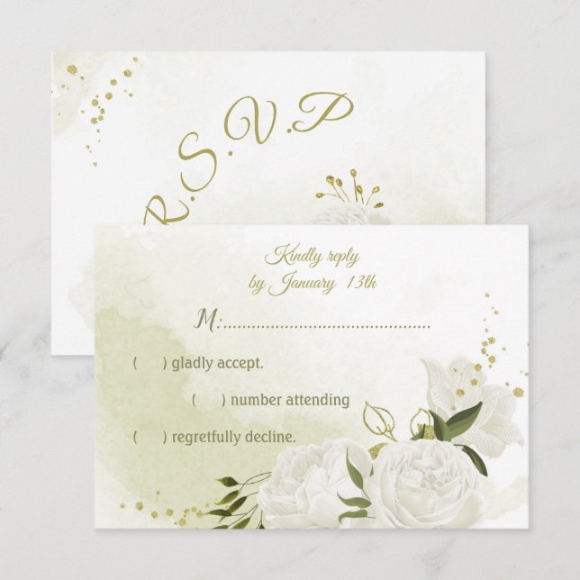 pretty white flowers green leaves botanical RSVP card (Front/Back)