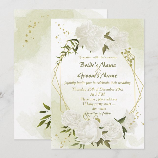 pretty white flowers greenery geometric wedding  invitation (Front/Back)