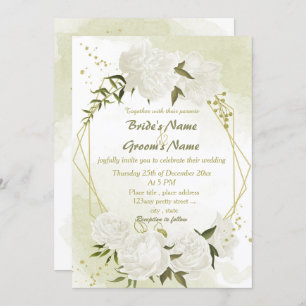 pretty white flowers greenery geometric wedding  invitation