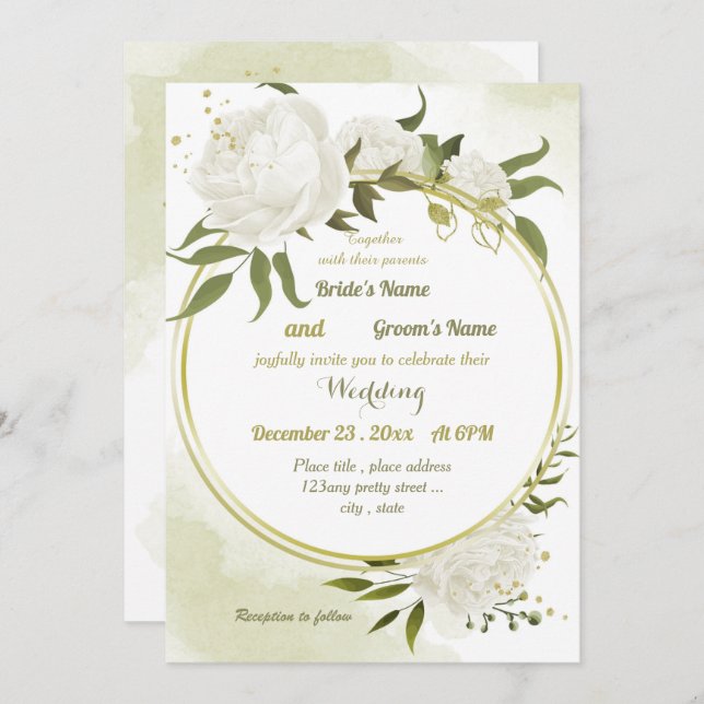pretty white flowers greenery geometric wedding invitation (Front/Back)