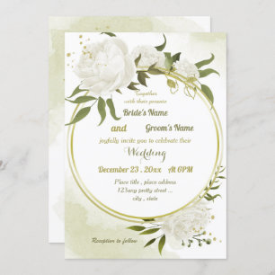 pretty white flowers greenery geometric wedding invitation