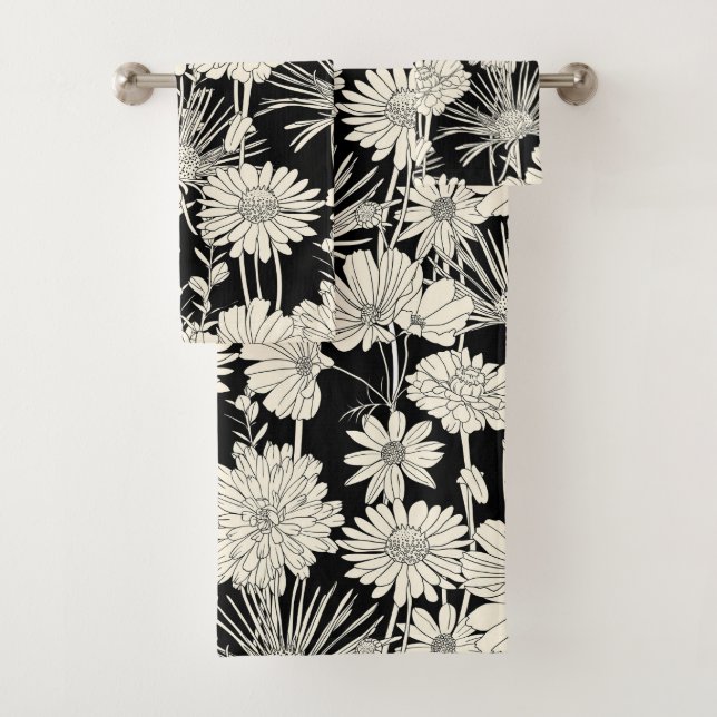 Pretty White Flowers on Black Background Bath Towel Set (Insitu)