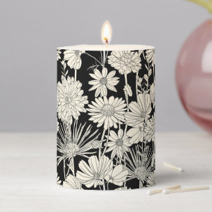 Pretty White Flowers on Black Background Pillar Candle