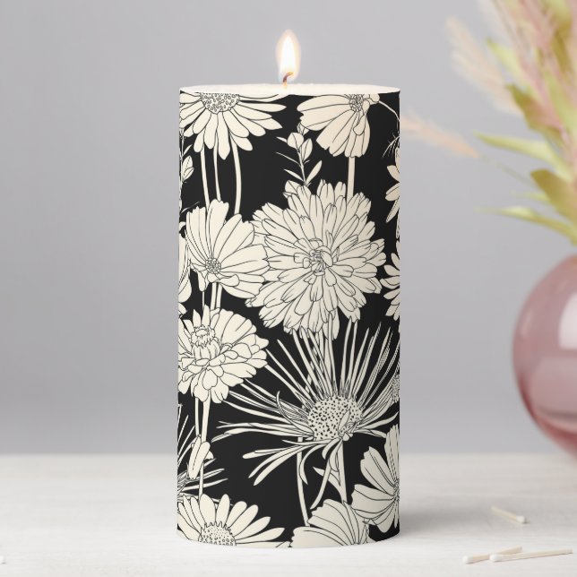 Pretty White Flowers on Black Background Pillar Candle (In Situ)