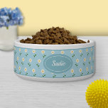 Pretty White Flowers Pattern On Blue & Custom Name Bowl<br><div class="desc">Pretty illustrated floral pattern of white flowers with green stems and some leaves on a light blue background color. There is also an oval shape in blue that has a personalizable text area for the name of the pet in lovely white color script font.</div>