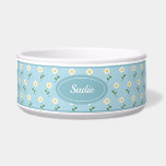 Pretty White Flowers Pattern On Blue & Custom Name Bowl<br><div class="desc">Pretty illustrated floral pattern of white flowers with green stems and some leaves on a light blue background color. There is also an oval shape in blue that has a personalizable text area for the name of the pet in lovely white color script font.</div>
