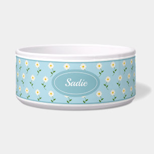 Pretty White Flowers Pattern On Blue & Custom Name Bowl