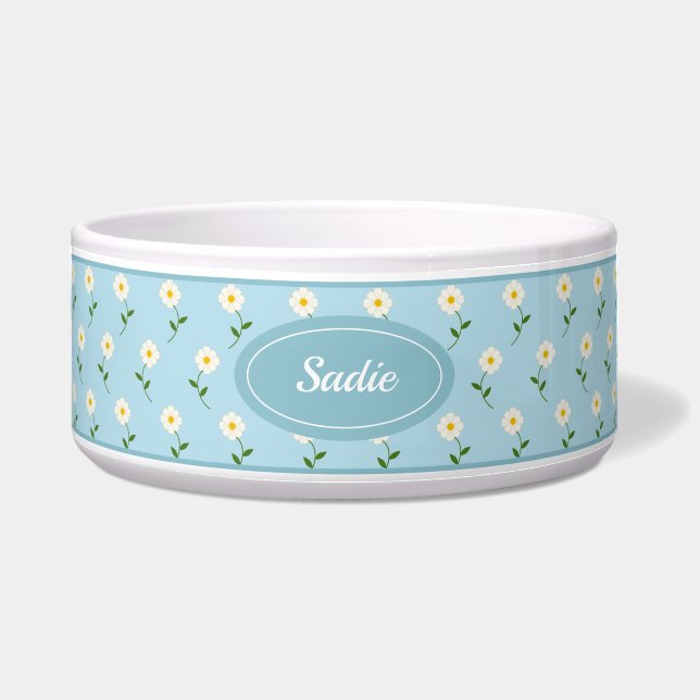 Pretty White Flowers Pattern On Blue & Custom Name Bowl (Front)
