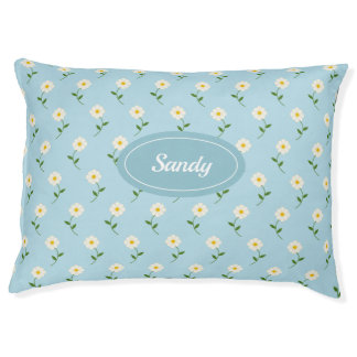 Pretty White Flowers Pattern On Blue & Custom Name Pet Bed