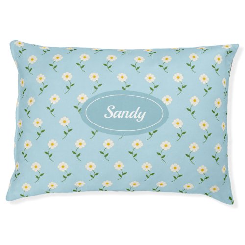 Pretty White Flowers Pattern On Blue  Custom Name Pet Bed