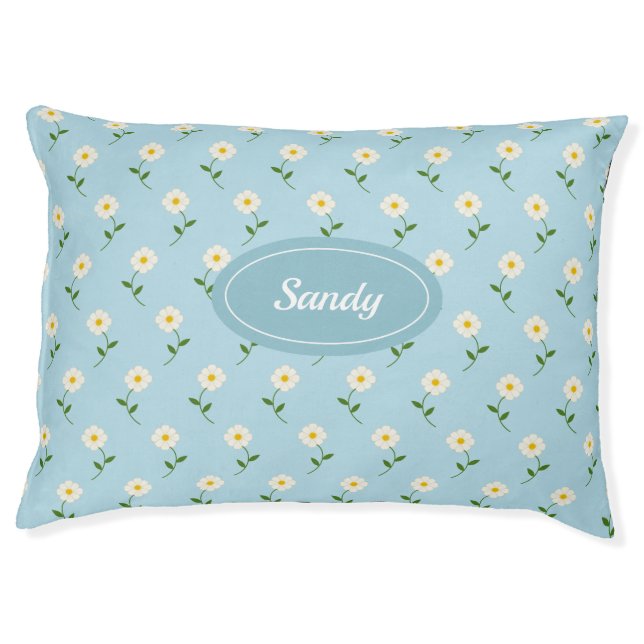 Pretty White Flowers Pattern On Blue & Custom Name Pet Bed (Front)