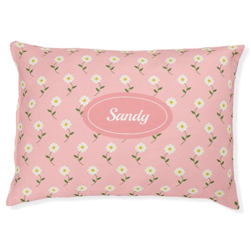 Pretty White Flowers Pattern On Pink  Custom Name Pet Bed