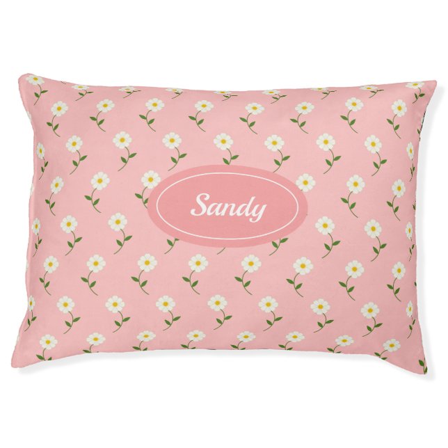 Pretty White Flowers Pattern On Pink & Custom Name Pet Bed (Front)