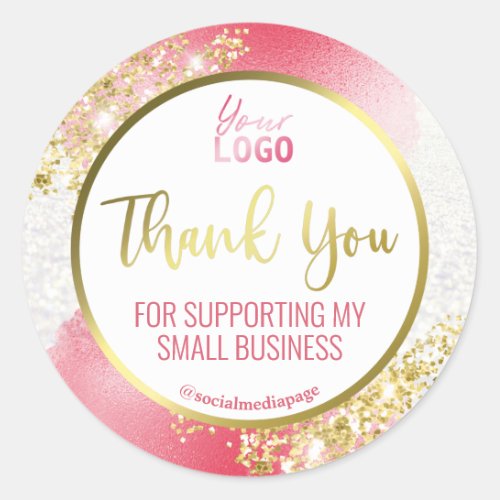Pretty White Glitter Pink And Gold Thank You Logo Classic Round Sticker