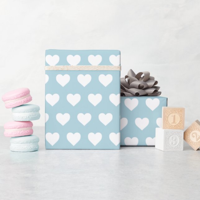 Pretty White Hearts Pattern Blue Wrapping Paper (Baby Shower)