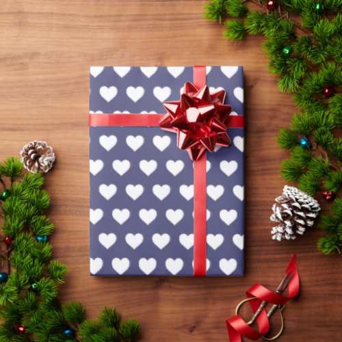 Pretty White Hearts Pattern Blue Wrapping Paper