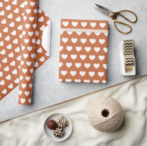 Pretty White Hearts Pattern Burnt Orange Wrapping Paper