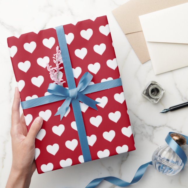 Pretty White Hearts Pattern Classic Red Wrapping Paper (Gifting)