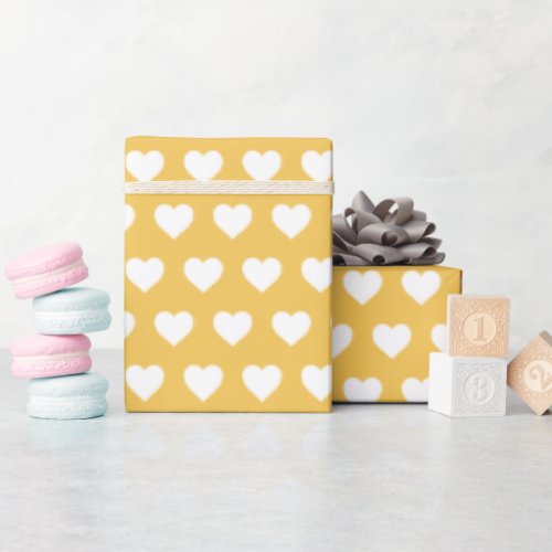 Pretty White Hearts Pattern Honey Yellow Wrapping Paper