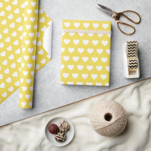 Pretty White Hearts Pattern Illuminating Yellow Wrapping Paper