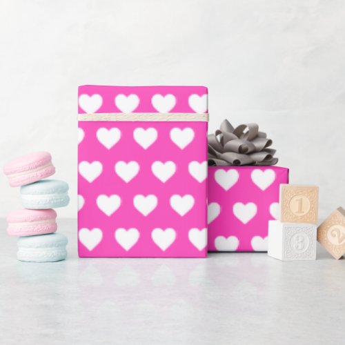 Pretty White Hearts Pattern Neon Pink Wrapping Paper