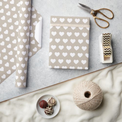 Pretty White Hearts Pattern Shiitake Gray Wrapping Paper