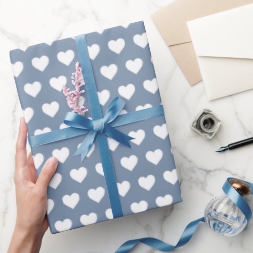 Pretty White Hearts Pattern Vintage Blue Wrapping Paper