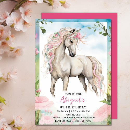 Pretty White Horse and Pink Flowers Birthday Invitation